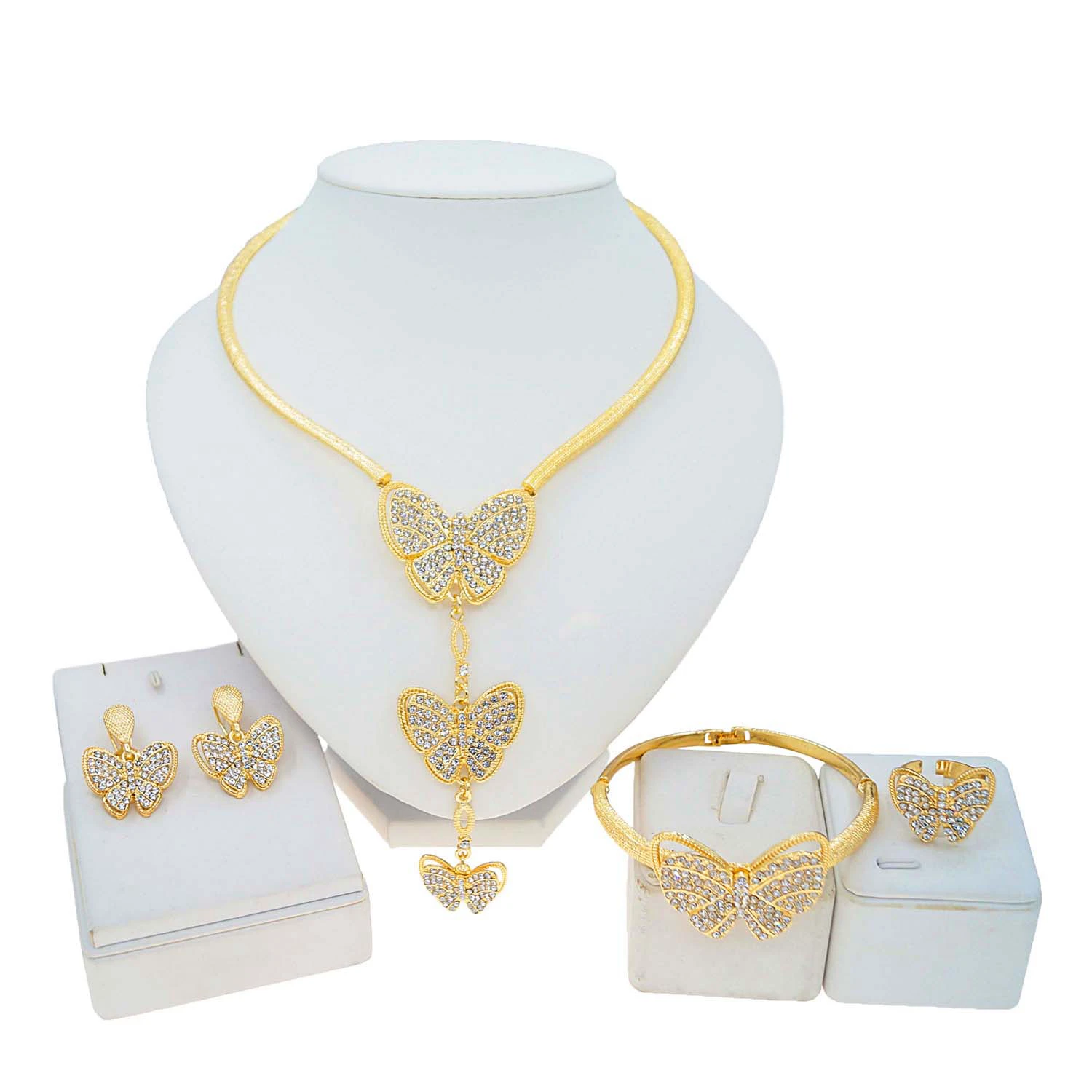 Zhuerrui24K Gold-Plated Luxury Jewelry Set Diamond Butterfly Fashion Beautiful Smart Elegant Fortune Lady Birthday GiftHD200714