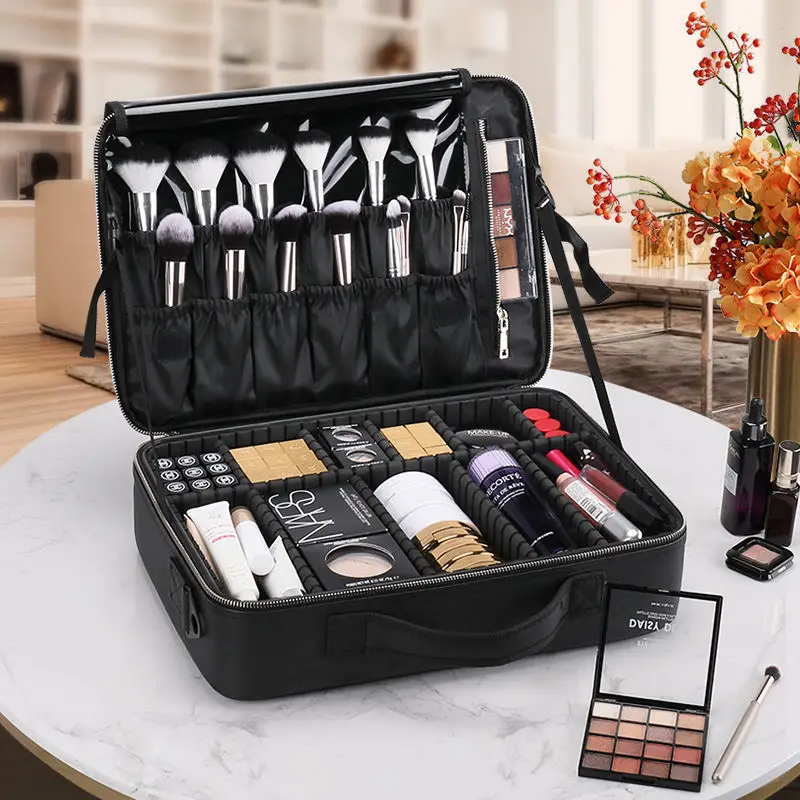 Large capacity travel portable professional make up storage cosmetic brush organizer makeup kit artist train case bag for women