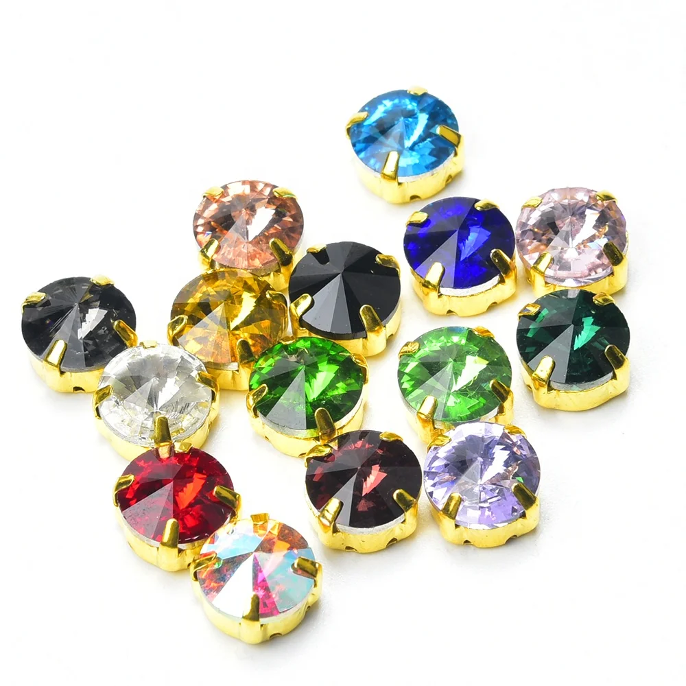 Gold Claw Glass Crystal 8/10/14mm Round Rhinestone Sew on Satellite Diamond Button Handmade Craft Ornament DIY Trimming