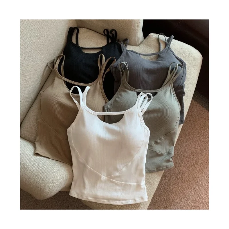 Simple High-end Girl Padded Waist Workout All-match Strip Beauty Back Shoulder Tank Crop Top Wrap Chest One-piece Camisole