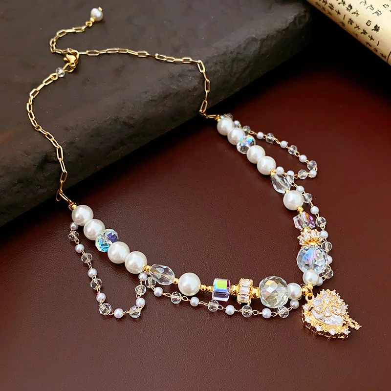 Diamond Heart Pearl Necklace Handmade Crystal Rhinestone Pearl Necklace Gold Plated Love Heart Zircon Water Drop Necklace