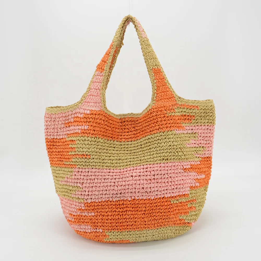 Вязаная соломенная плетеная Сумка-тоут ручной работы, разноцветная винтажная Сумка-ведро, Хлопковая сумка с застежкой, летняя пляжная мода для женщин