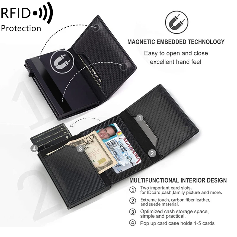 2024 For Airtag PU Leather RFID Pop Up Wallet metal money clip Blocking minimalist aluminum Card Holder carbon fiber Wallet Man