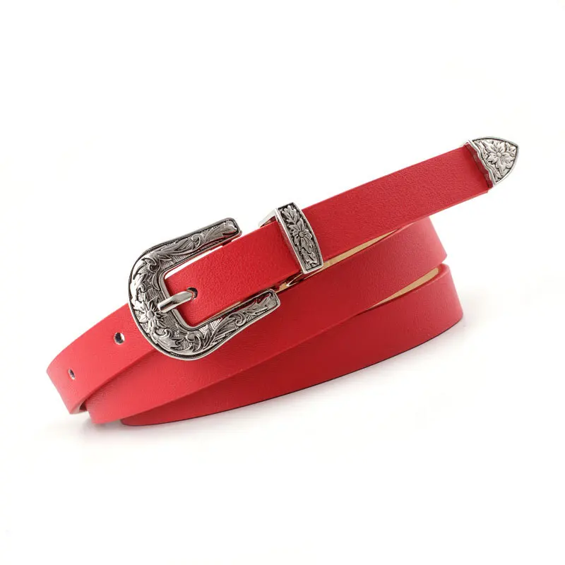 Amazon top  selling Fashion western Retro engraving belt Wholesale Women PU Leather Double Buckle Belt