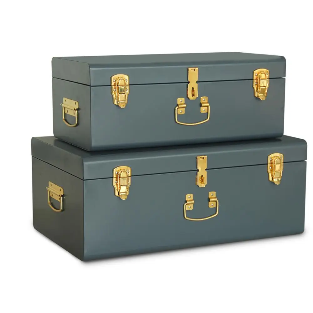 Metal Trunk set of 2 Dark Grey  metal steel household storage trunk set lockable and decoration with Gold handles Living room