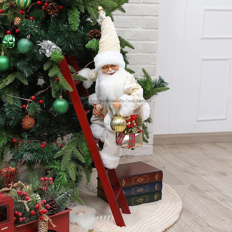 SOTE New Design Handmade Custom 45CM Climbing Santa Claus Ornaments With Wooden Ladder Noel Papa Figurines Christmas Decorations