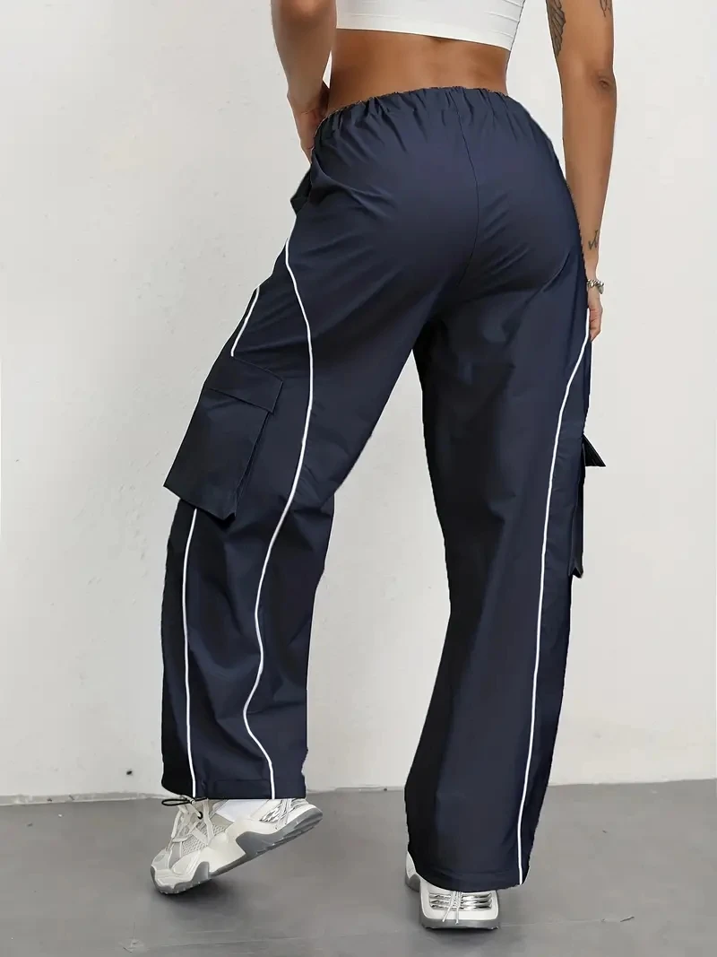 Custom Unisex High Quality Sports Running Oversized Windbreak Track Pants Flap Pockets Wide Leg Piping Nylon Cargo Pants
