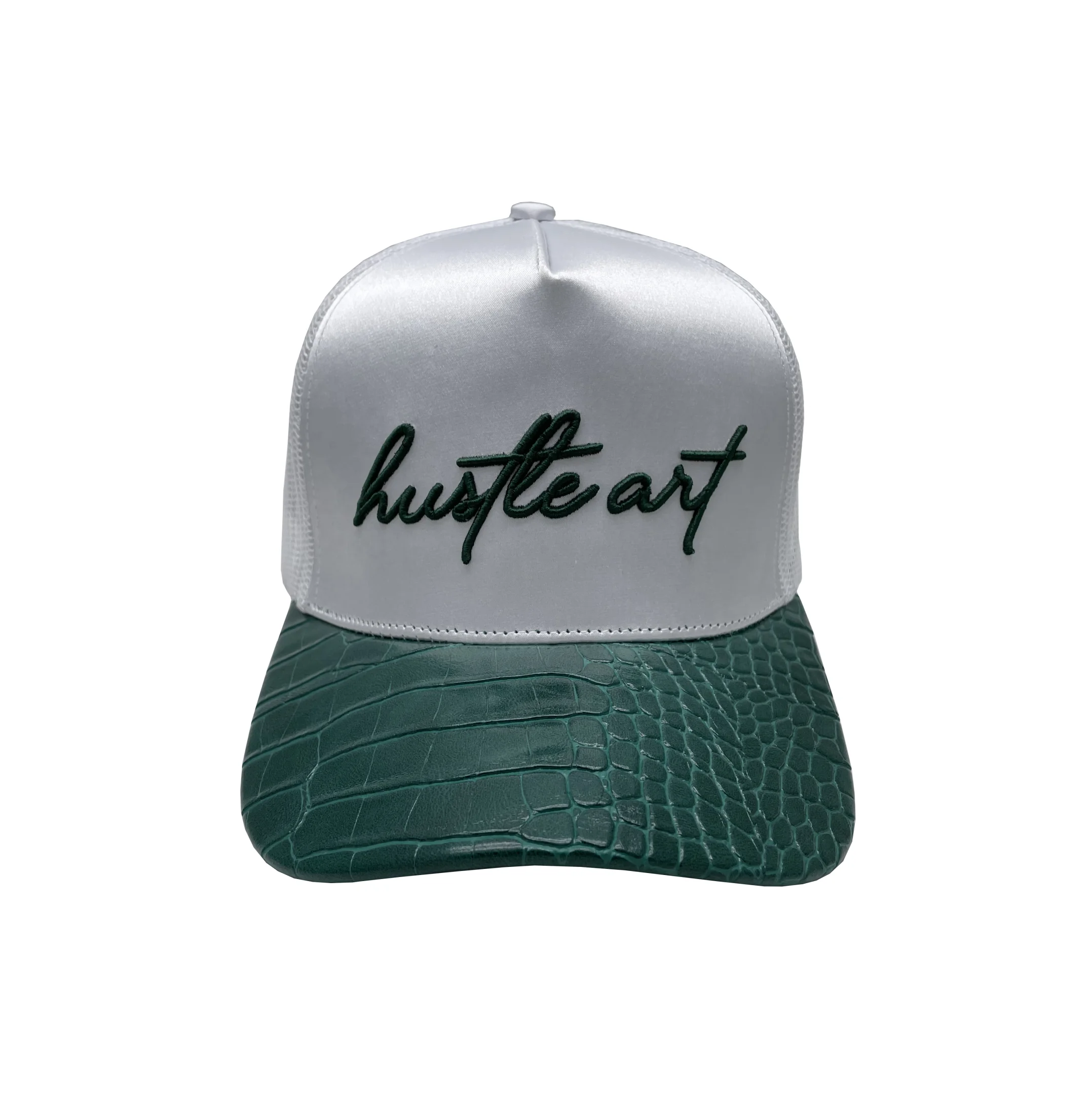 fashion custom high crown mesh back stain 5 panel trucker hat with PU leather brim