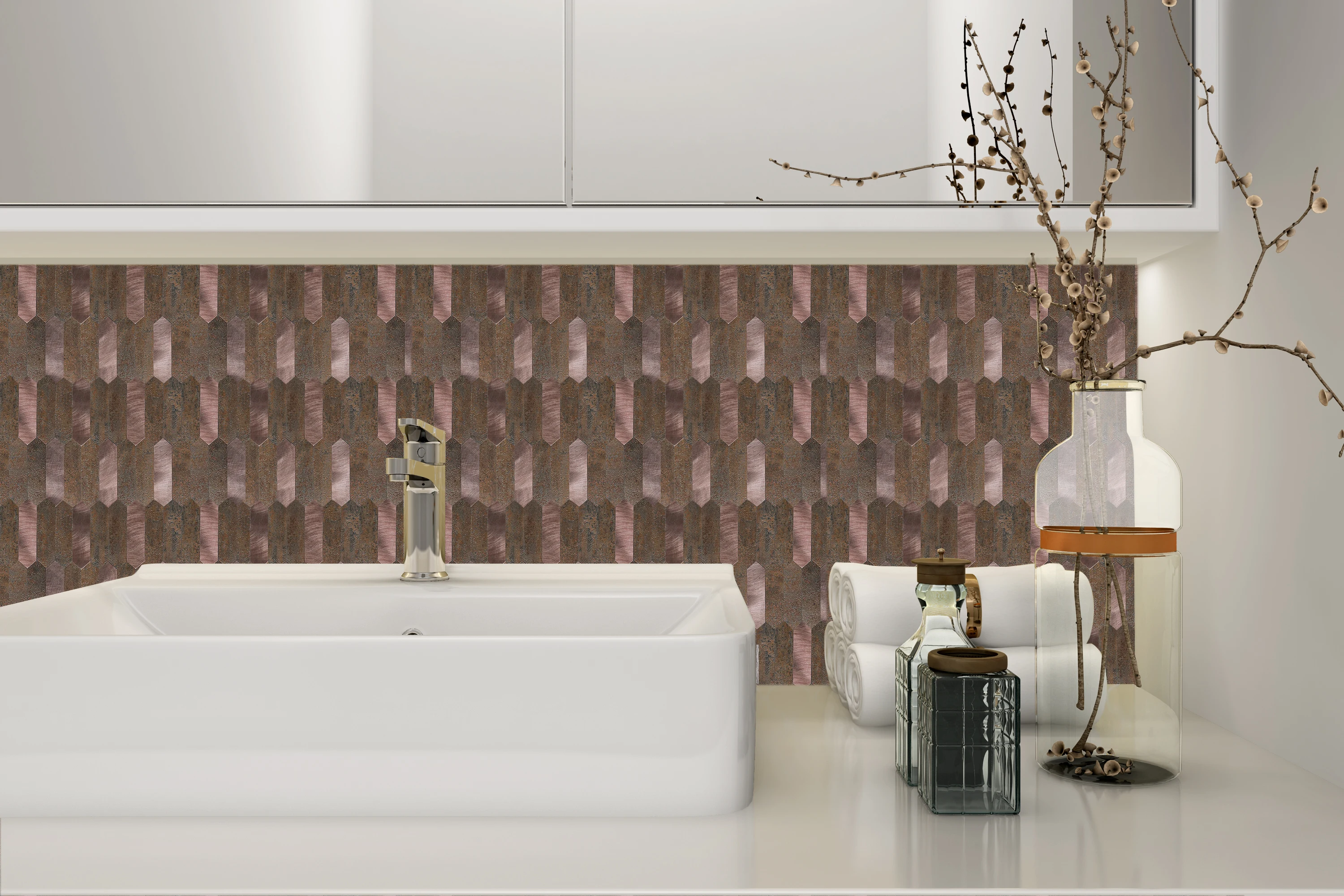 Brush Steel Effect Waterproof Peel and Stick Mosaic Wall Tile Sticker Backsplash Stick On Metal Tiles in Rose Gold