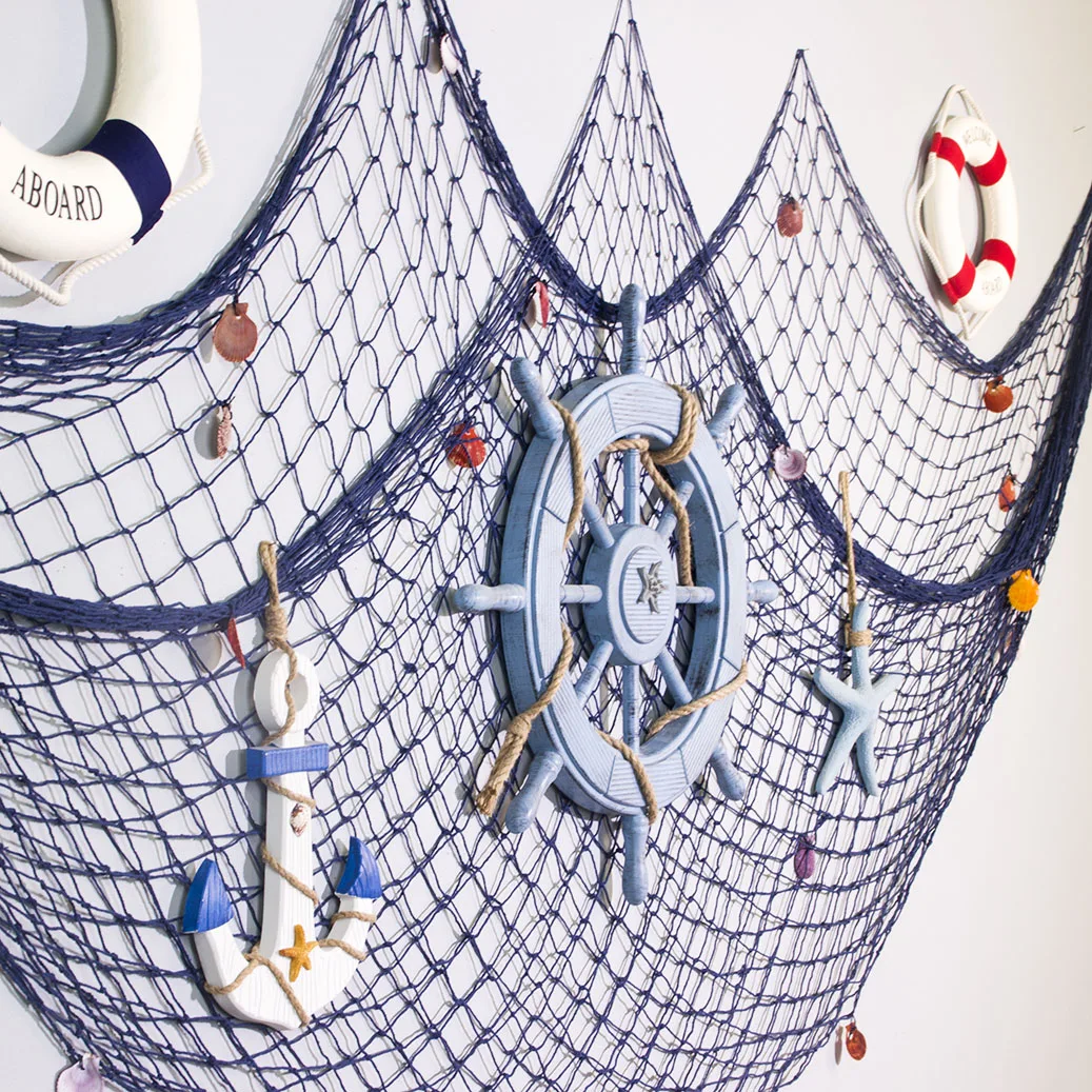 Home Wall Decorative Beach Style With Shipwheel Starfish Lifering Fish Netting Sets