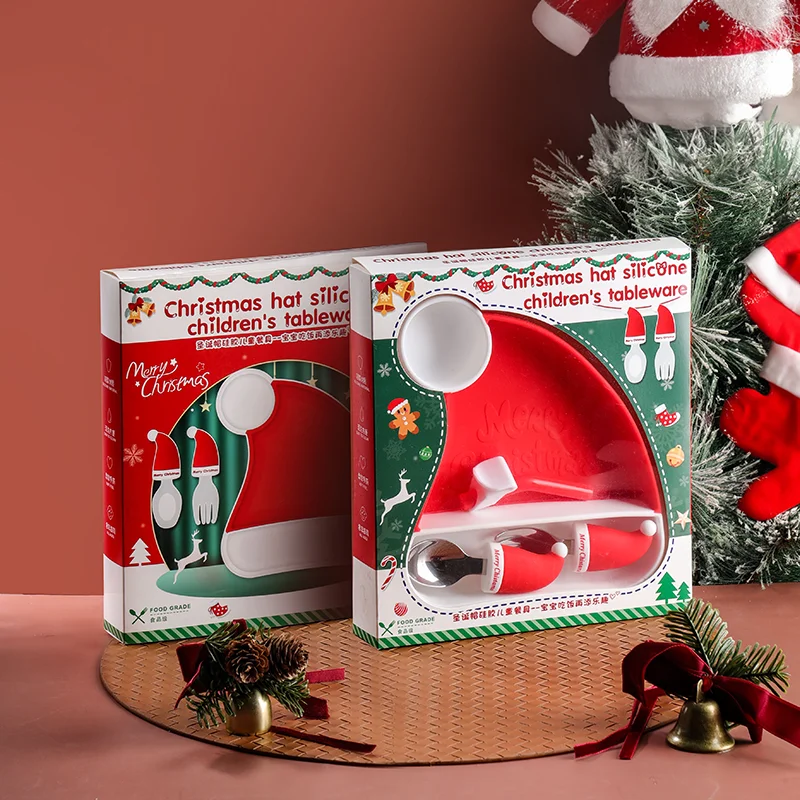 2023 Christmas new design food grade silicone kid non slip kid plate set
