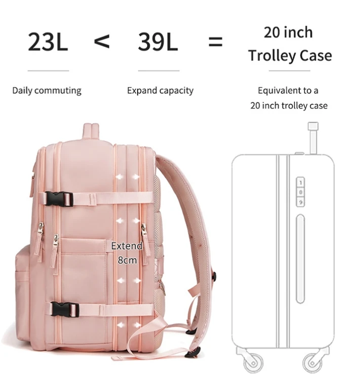 Custom Large  Expandable 16 Inches Business Laptop Backpack Travel Short Trip Woman Pink  Luggage Bag with Shoe Bag for Girls
