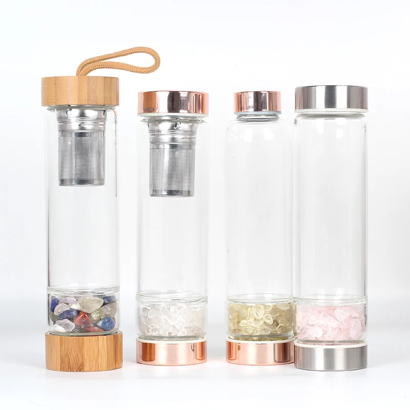 500ml Heat Resistant Cold Borosilicate Natural Crystal Gemstone Glass Elixir Water Bottle