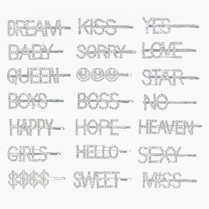 Hot Sale Rhinestone Alphabet Hair Clip Silver Metal Bobby Pin Word Hair Pin Accessories