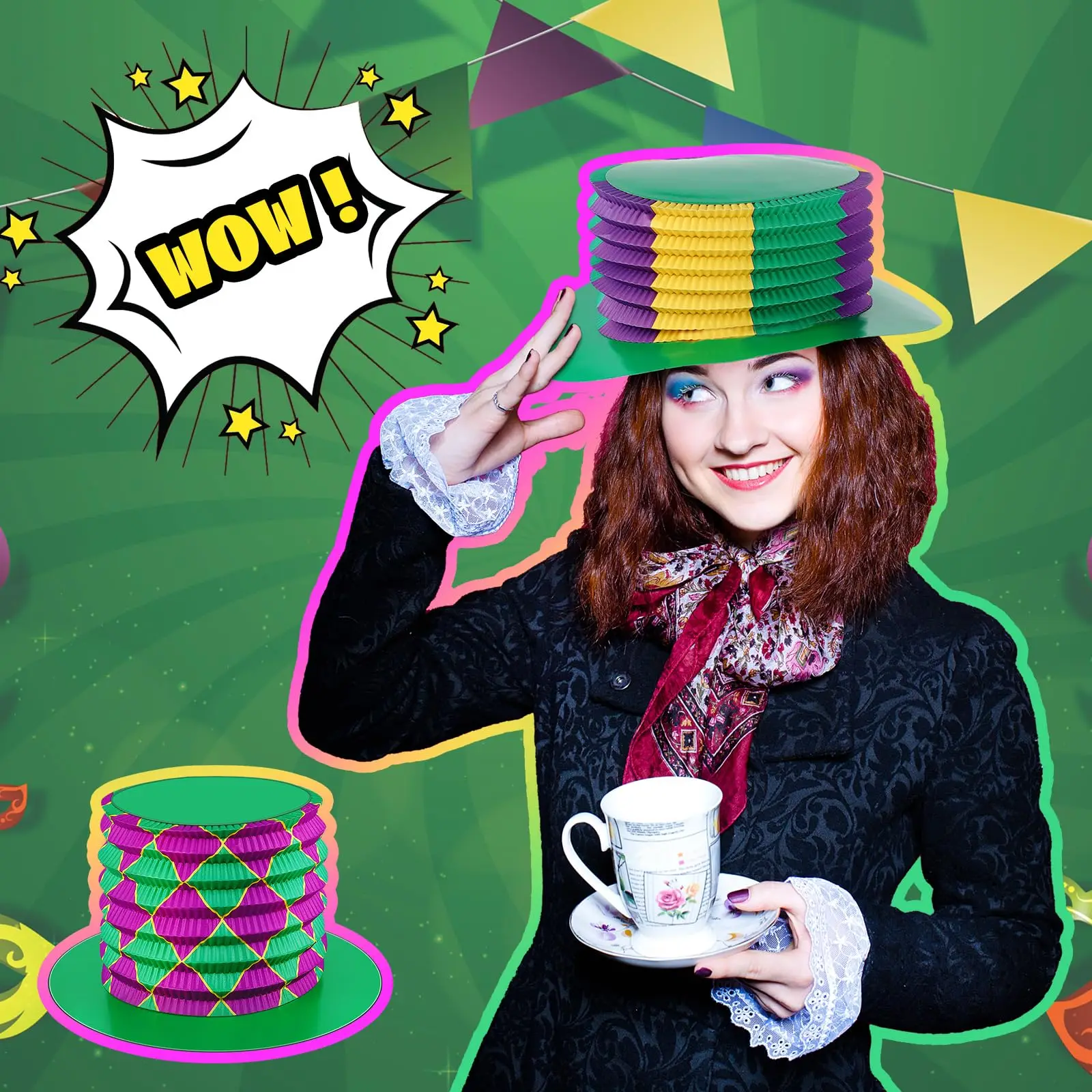 16 Pcs Mardi Gras Hats Accordion Party Top Hats Purple Green Yellow Mardi Gras Cardboard Foldable Paper Hats