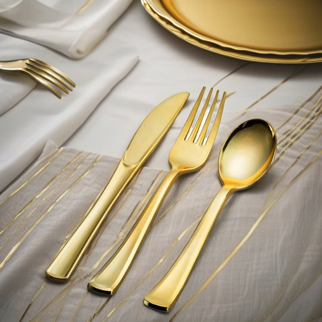 Wholesale Plastic Cutlery Set Plastic Gold Plate Nice Party Gold Flatware