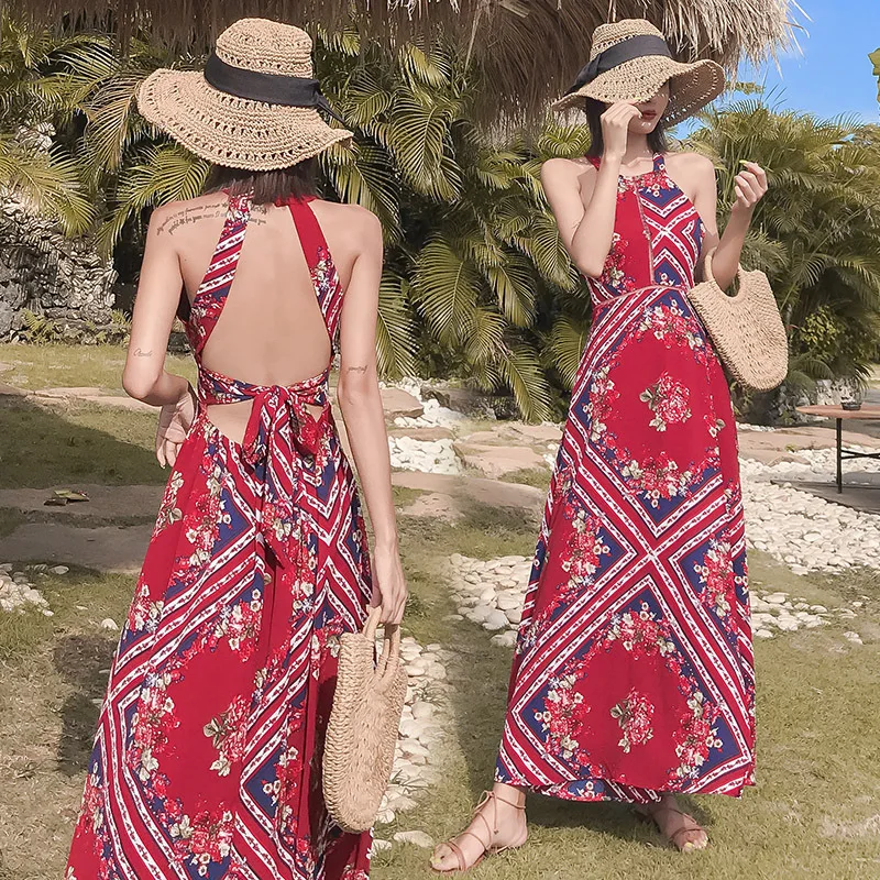 Classic Hawaiian Beach Leaky Back Skirt Wearing Sexy Casual Dresses for Island Holiday Travel