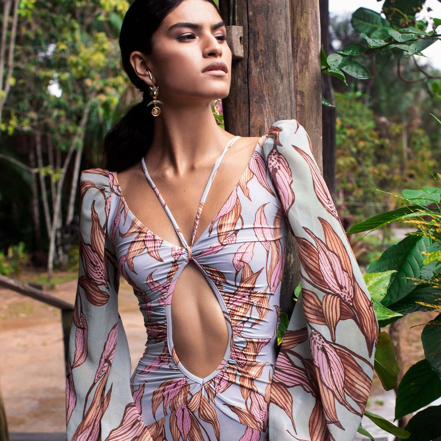 New European and American sexy gather one-piece printed bikini swimsuit women long sleeve swimsuit women swimsuit