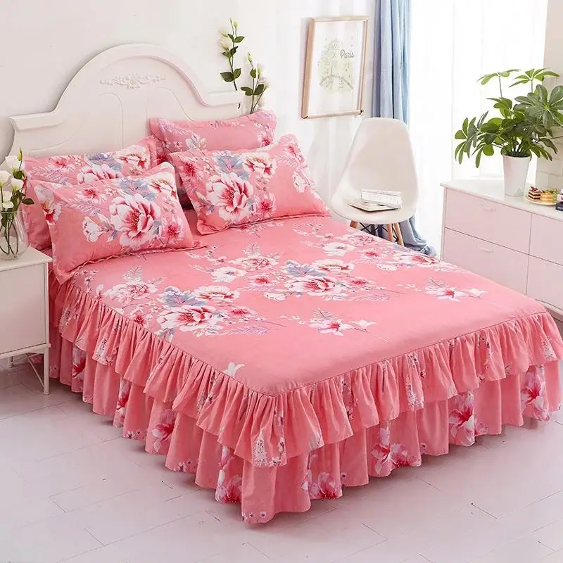 Bed Skirts Set Double Layer Bedspread Floral Printed Bed sheet Bilateral Bed Skirt + 1 Pair Of Pillowcase bedsheets