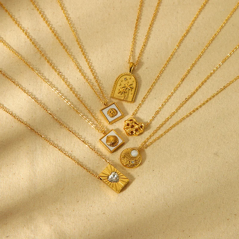 2024 Waterproof Tarnish-free 18K Gold Stainless Steel Heart Shell Palm Tree Geometric Pendant Necklace for Women