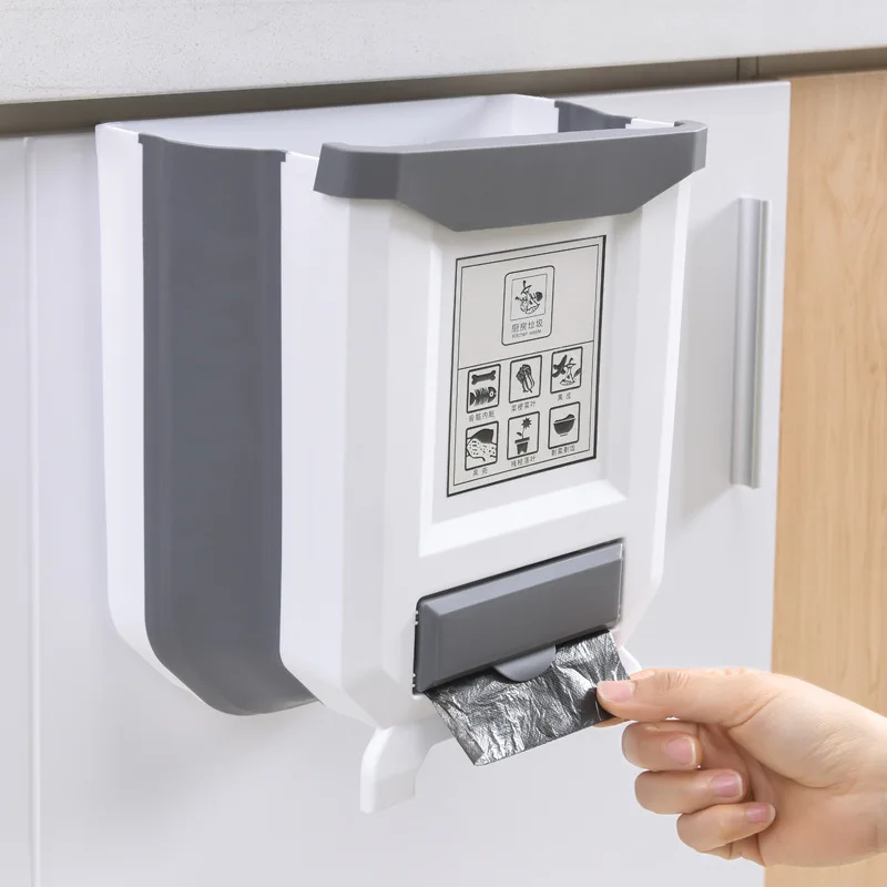 Kitchen Hanging Trash Can Wall Mounted Plastic Folding Waste Bin Kitchen Cabinet Door Hanging Trash Bin Khaki Portable Trash