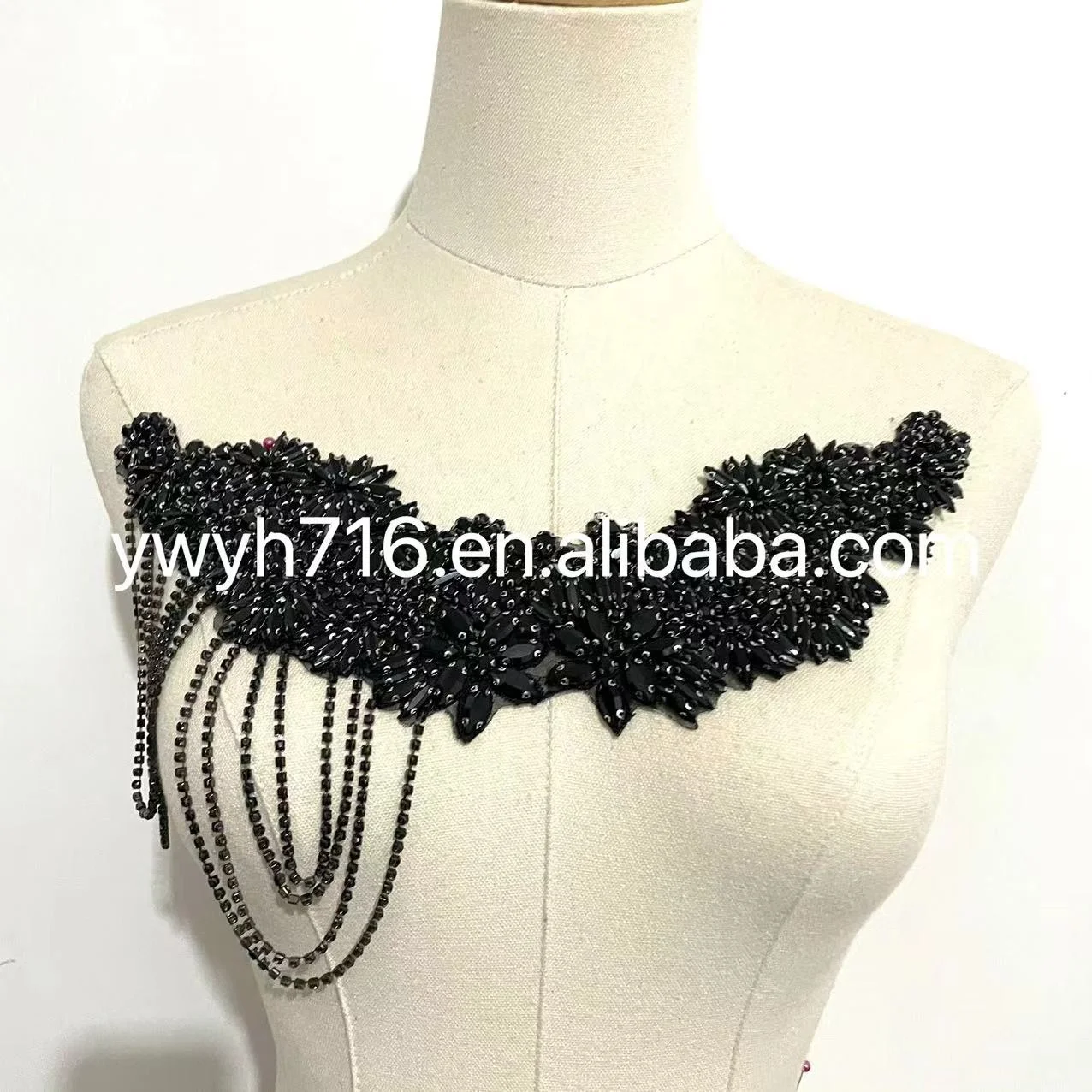 Custom handmade white crystal beaded bridal rhinestone lace appliques with tassels