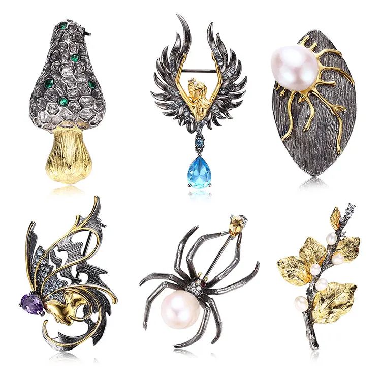 Special Faberge Spider Design 925 Silver Animal Brooch with Shell Pearl