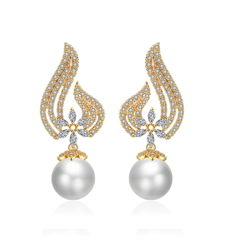 Square Austrian Cubic Zirconia Stud Earrings for Women Fashion Imitation Pearl Snow Flower Bridal Girl