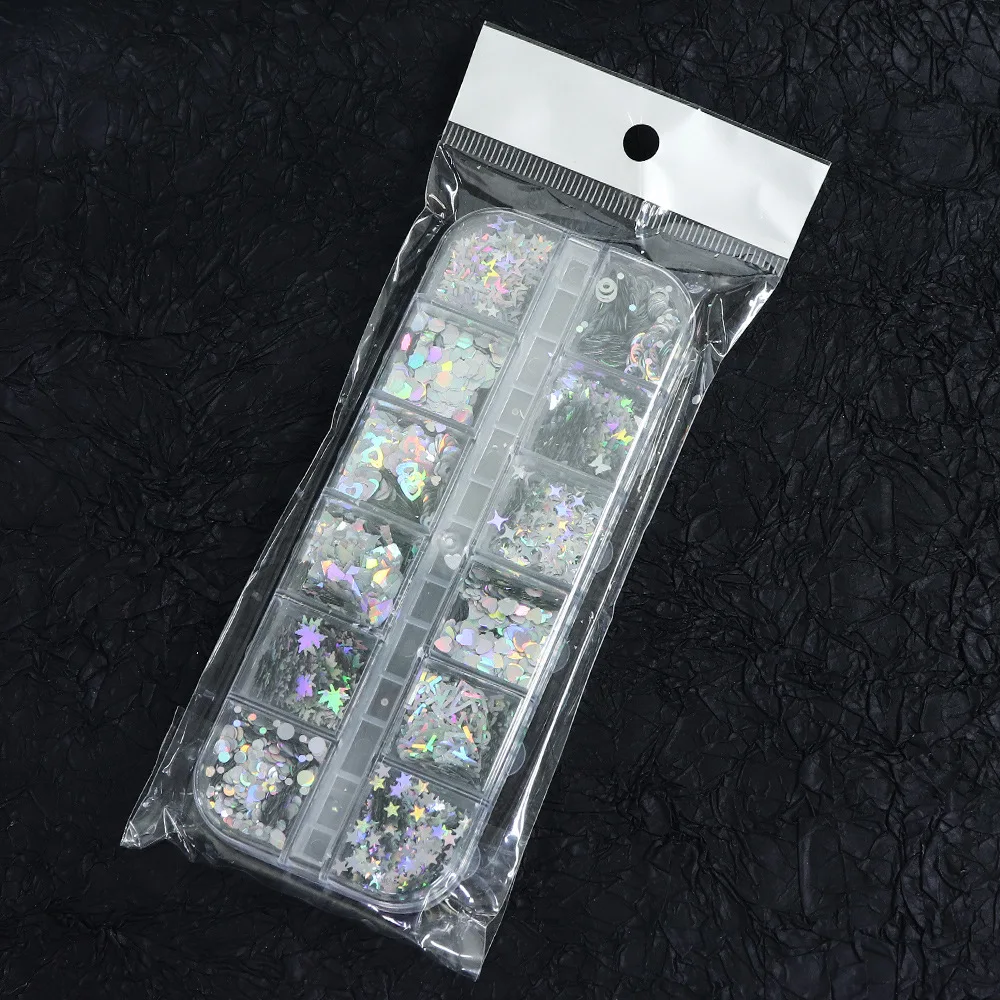 12 Grids Butterfly Nail Glitter Sequins Decoration Laser Silver Maple Leaf Star Circle Various Shapes Flakes Nail Accessories