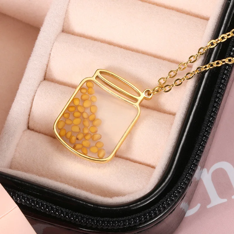 Real 18K Gold Plated Wishing Faith Round Disc Pendant Necklace Stainless Steel Geometric Mustard Seed Necklace