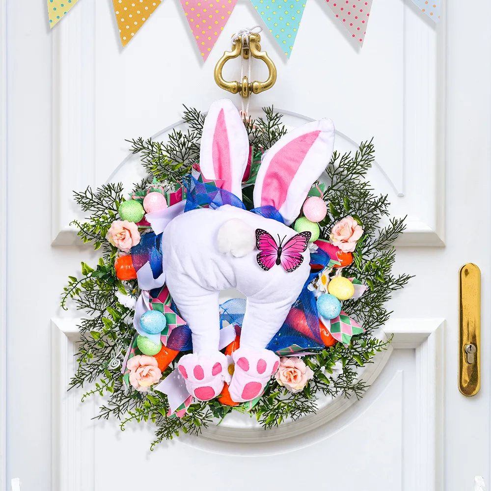 2023  New Design Easter Decoration Creative 18 Inch Garland With Soft Bunny Doll Kawaii  Easter Wreath Home Party Photo Props
