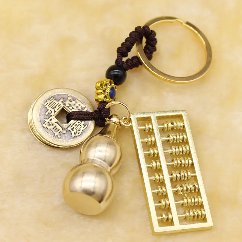 MAIMABrass keychain five emperors money real copper gourd open activity abacus with buckle decorative keychain handmade DIY
