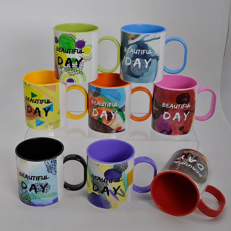 11oz Custom Printed Coffee Cup Blanks Sublimation  Plastic Inner Color Mug With Handle