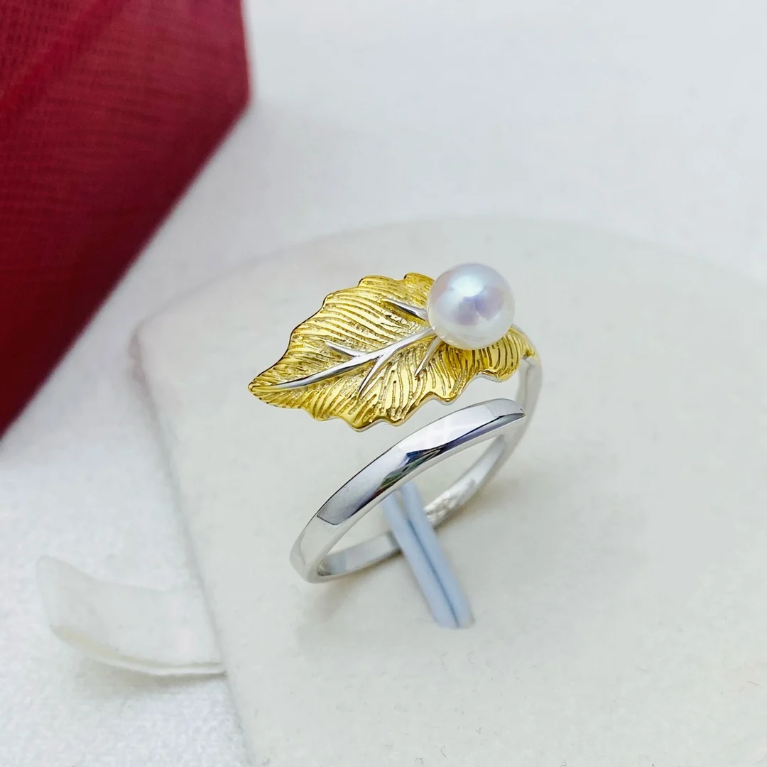 Adjustable Leaf Shape S925 silver Design Ring with 5mm Button Pearl for Lady Gift