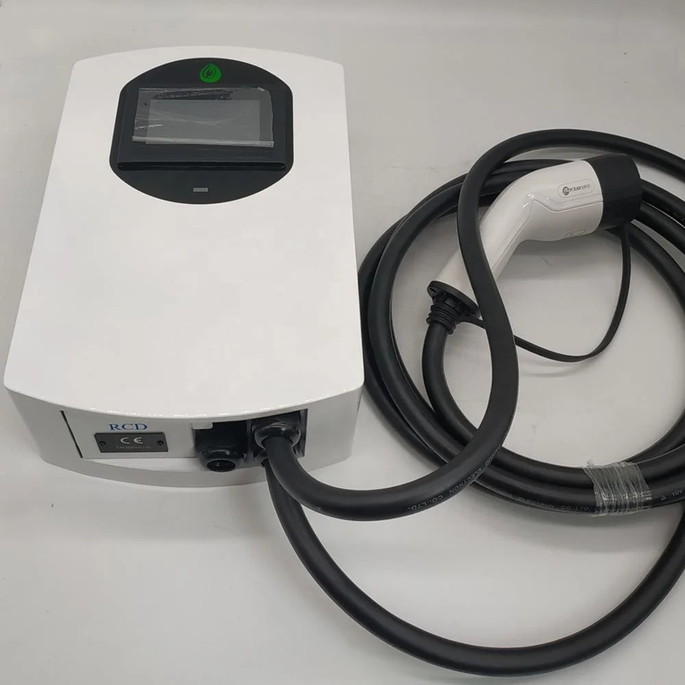 
22KW 400V 32A wall box ev charger with tethered 5m cables,type 2 plug,touching screen and type B RCD for EV,OEM 