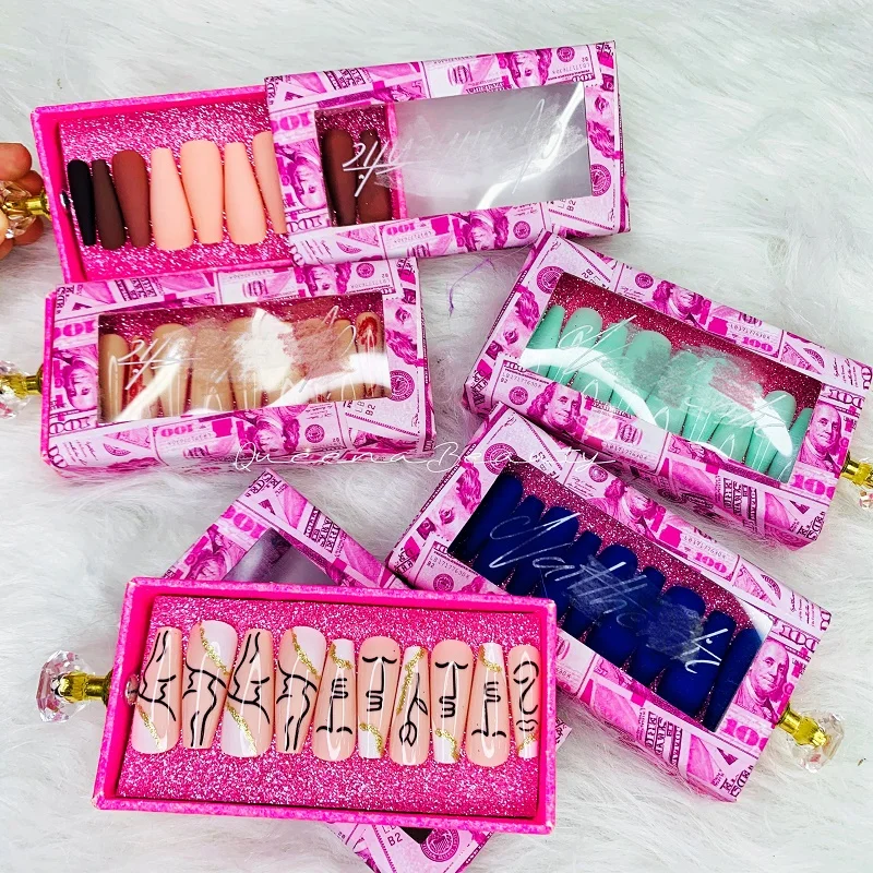 Q Customized crystal press on nails custom nails boxes vendors Solid color press on nails