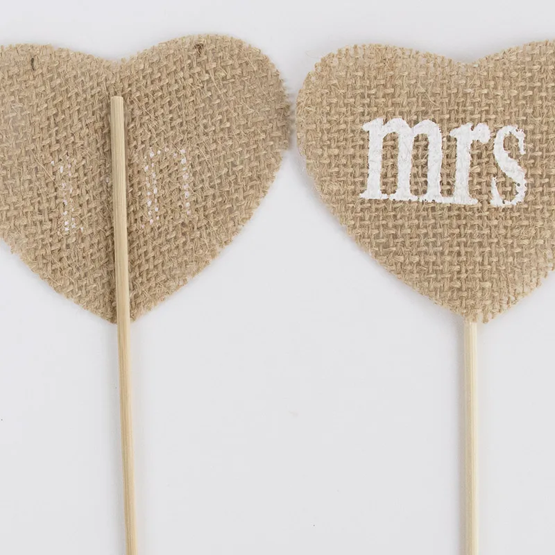 902212 6pcs Linen Picks Mr&Mrs Heart Sticks Toothpicks Cupcake/Cake Toppers Party Wedding Decoration Eco-friendly