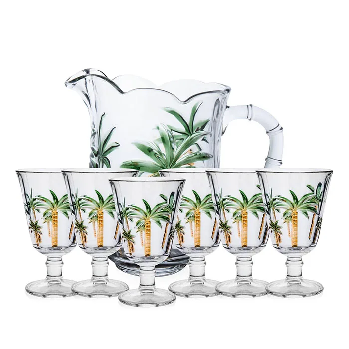ABO transparent palm tree design water clear tumbler set glass jug and cup suit