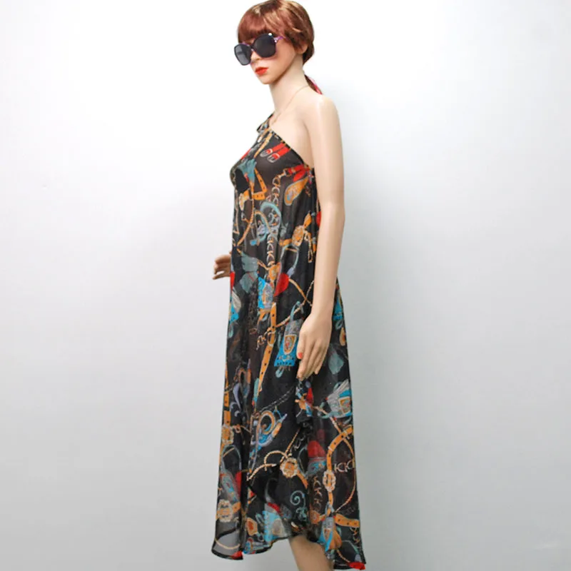 Summer Chiffon Sling Slanted Casual Holiday Lady Beach Printed Women Casual Dresses Ladies Sleeveless Beach Dresses For Ladies