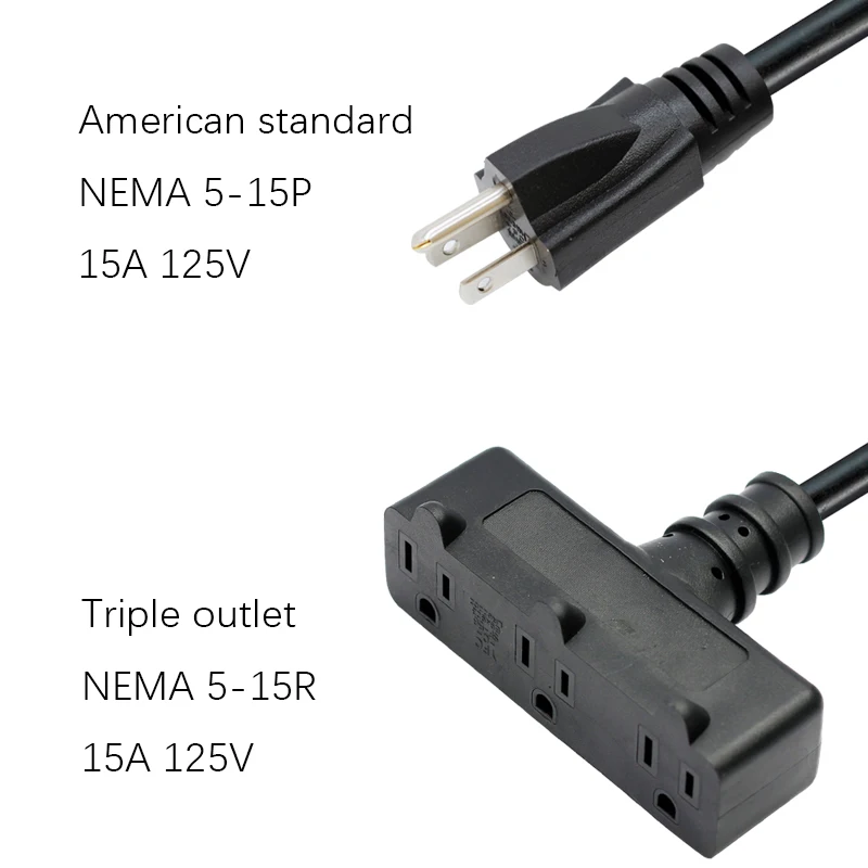 14AWG Extension Cable with 3 Prong Grounded Plug 3 Outlet 5-15R American standard Power cord