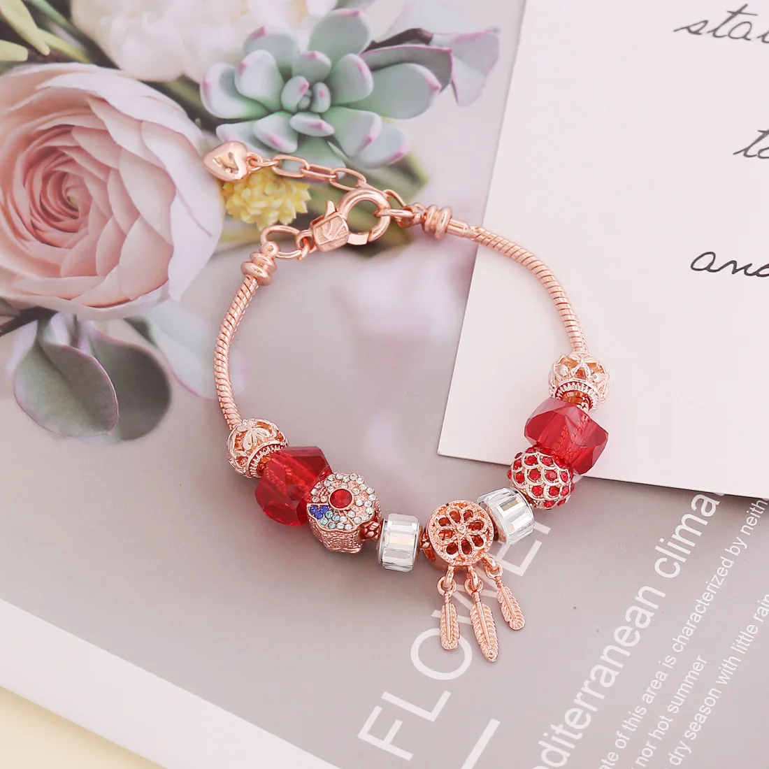 Wholesale Rose Gold Enamel Metal Big Hole Beaded Bracelet Heart Charm Bracelet for Women Jewelry