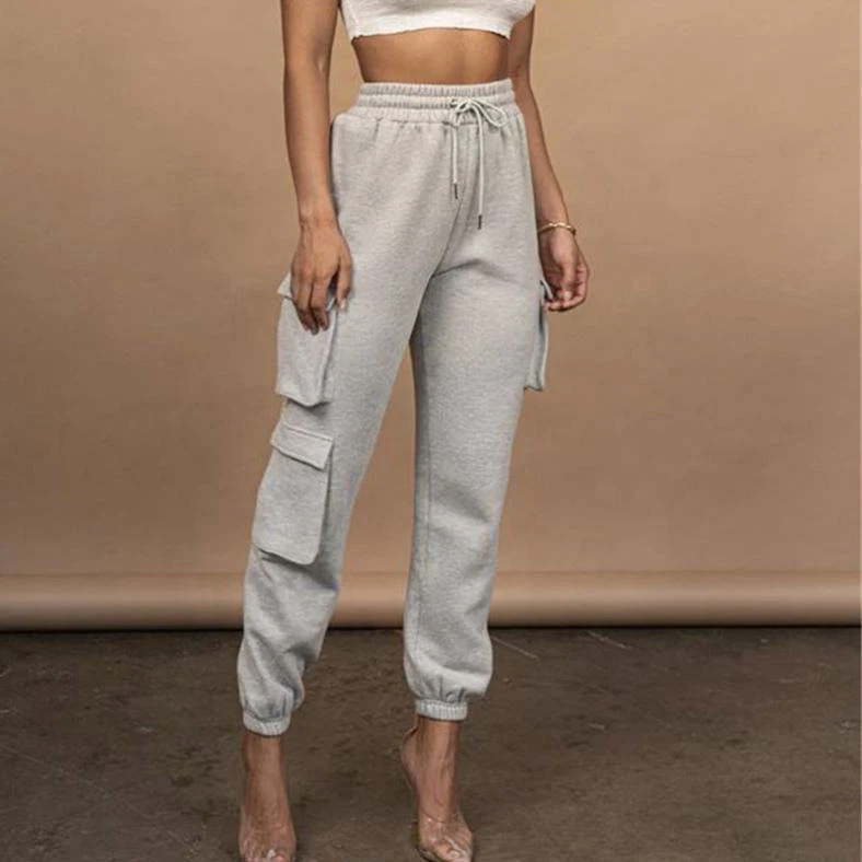 Casual Cotton Sweat Jogger Leggings for Women Plus Size Wide Leg Pants with Colored Wash Street Style Decoration Cargo Pockets