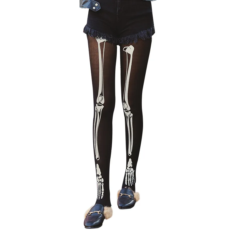 Women Cartoon Anime White Bone Print Leggings Stockings Girl Ladies Sexy Black Seamless Pantyhose Tights