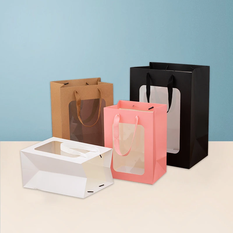 Custom Logo Eco-friendly Affordable Paper Bag Gift Packaging Bag with Lucency PVC Window Cardboard Offset Printing Drawstring