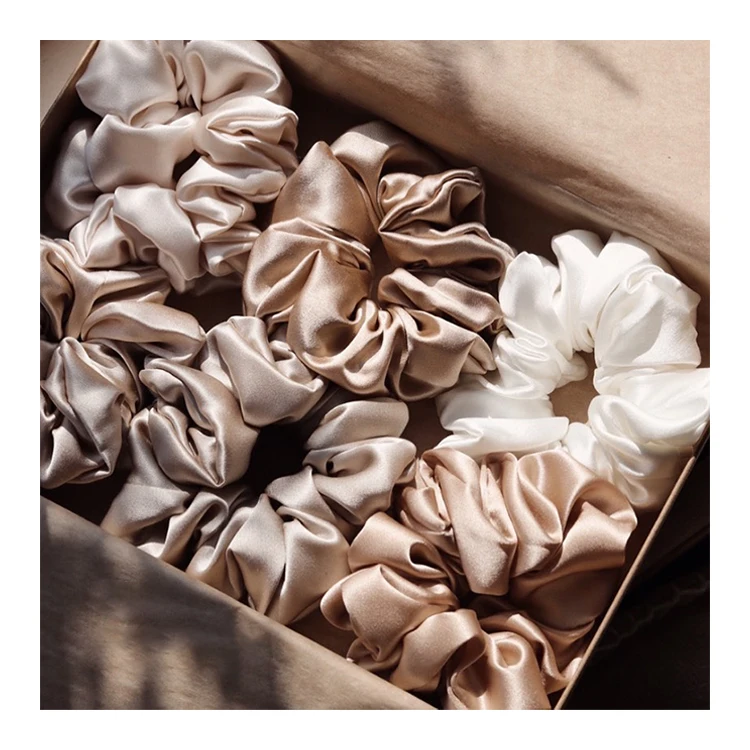 2024 new arrival 16 22mm custom logo real silk hair ties bands fluffy brown 100% pure mulberry silk scrunchie set