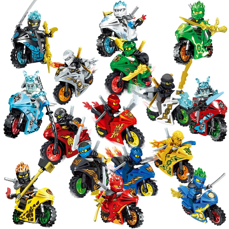 16Pcs Anime Action Figure Toys Collection Ninja Go Minifigs with Motorcycles Building Block Set Mini Figures Kids Blocks Toys