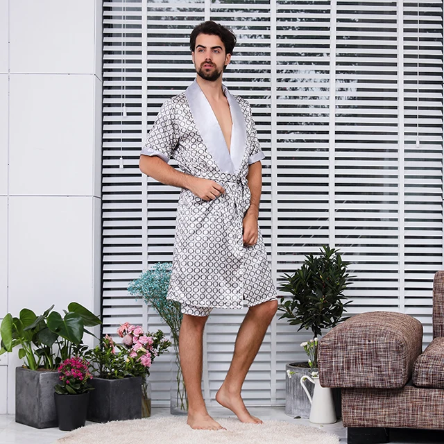 
Two piece silk robe set Luxurious satin nightgown short sleeve pattern design pajamas for men 