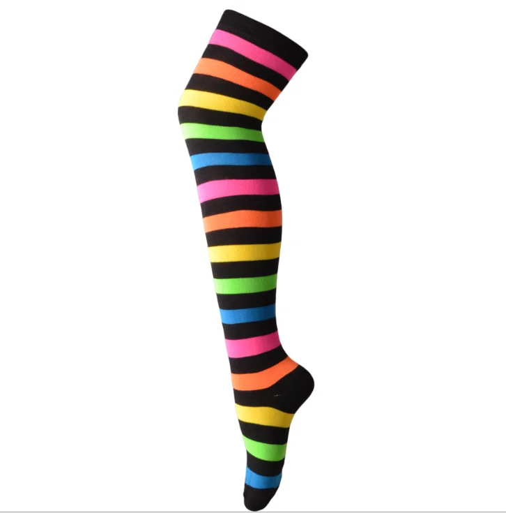 Wholesale Women Socks Rainbow Halloween Colorful Fluorescent Seamless Striped Thigh High Socks