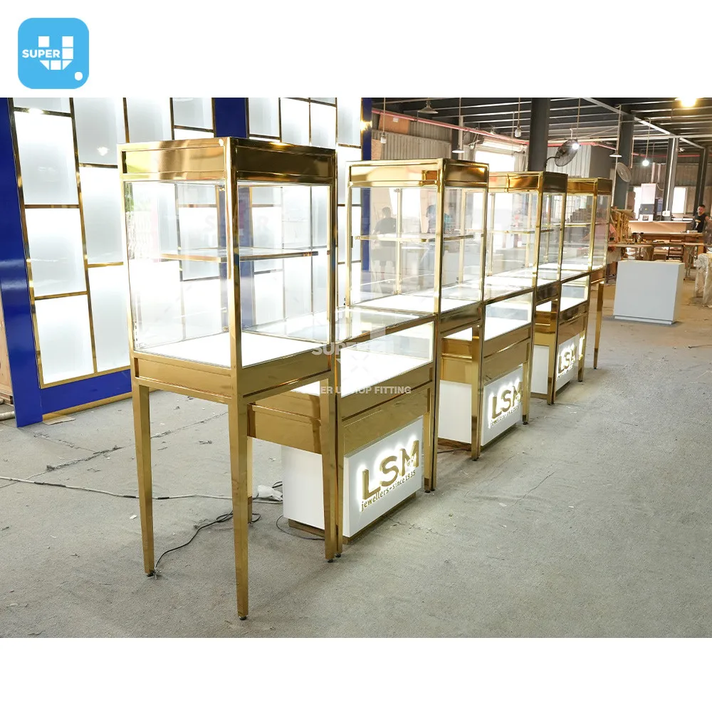 Luxury Gold Jewellery Display Cabinet Showcase Design Custom Lockable Glass Jewelry Display Showcase