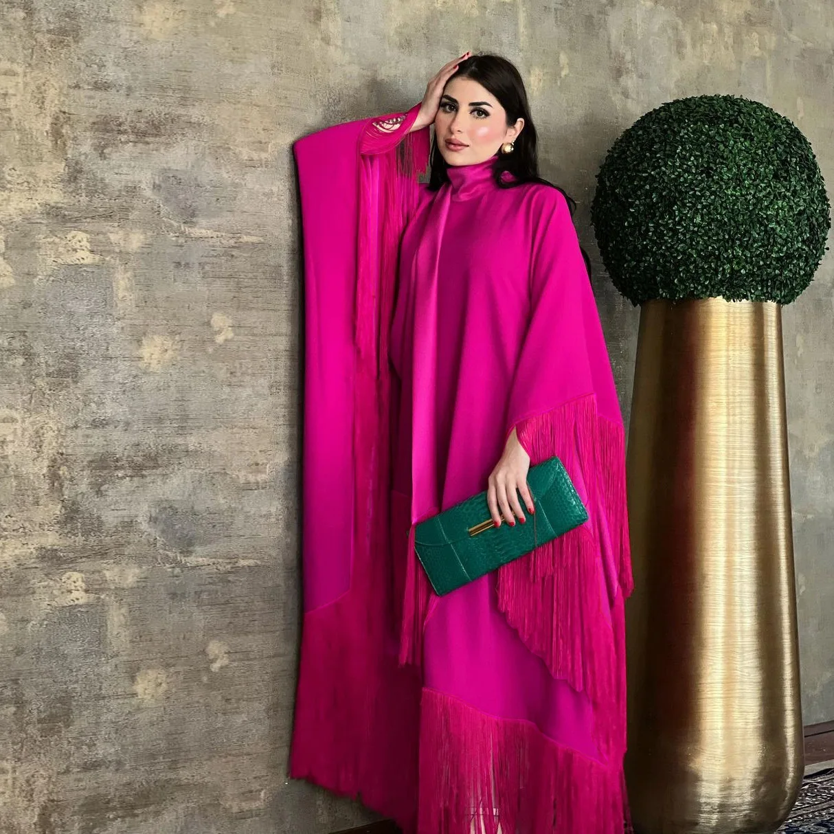 Colorful Muslim Women Batwing Sleeve Tassel Kaftan High Fashion Muslim Evening Wedding Dress Abaya Women Muslim Dress